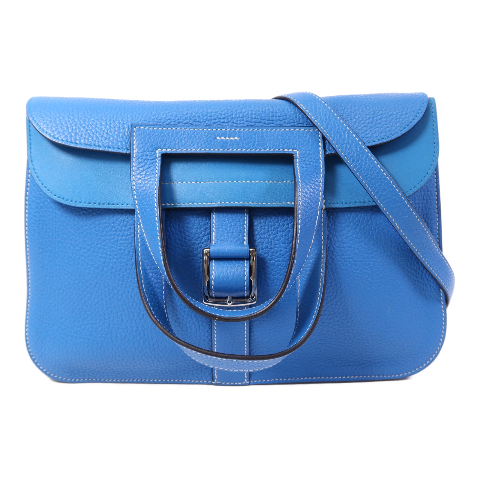 HERMES Clemence皮革Halzan 31銀扣手挽肩背兩用袋Bleu Zanzibar