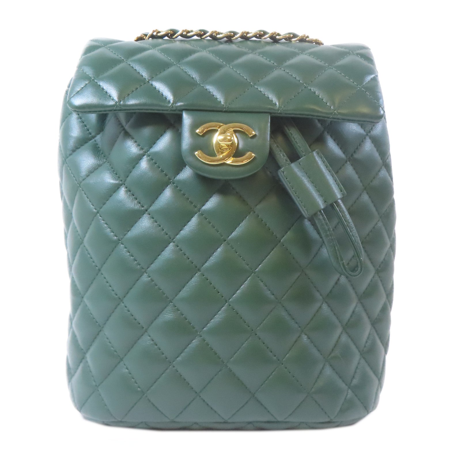 CHANEL 菱格羊皮皮革Backpack金扣背包綠色