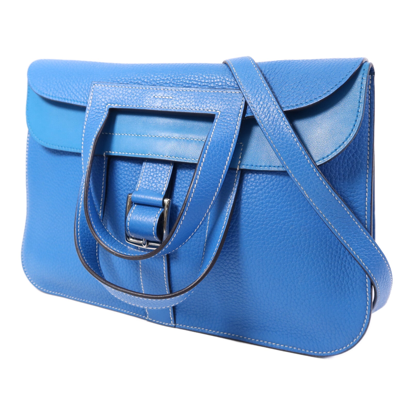 HERMES Clemence皮革Halzan 31銀扣手挽肩背兩用袋Bleu Zanzibar