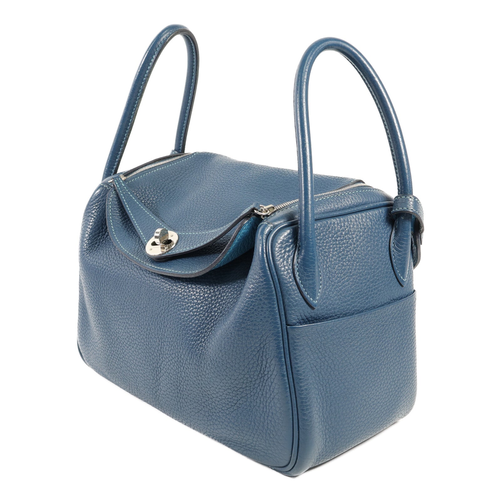 HERMES Clemence皮革Lindy 26銀扣手挽肩背兩用袋Bleu Colvert/Turquoise