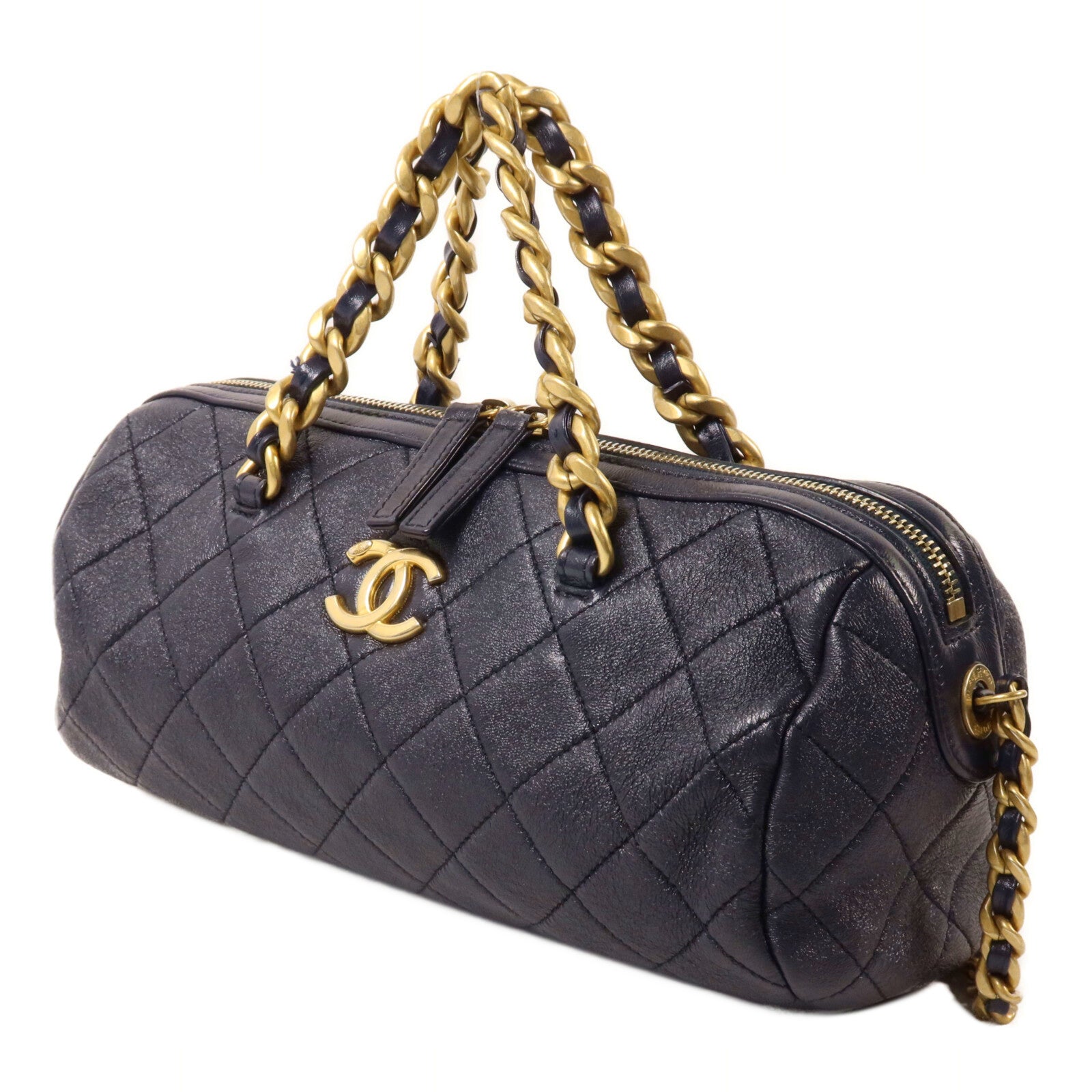CHANEL 牛皮皮革Bowling Bag鏈帶手挽肩背兩用袋