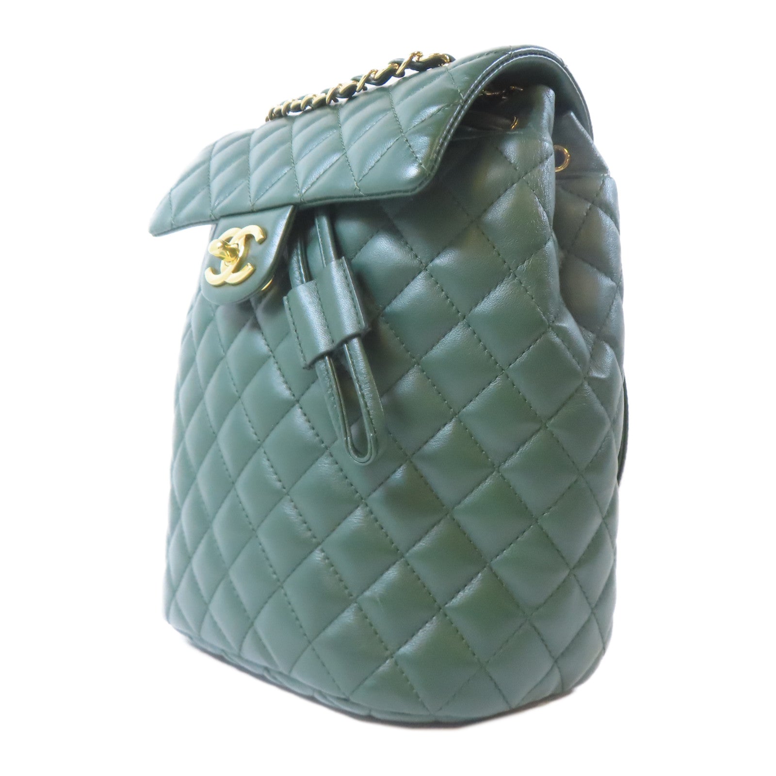 CHANEL 菱格羊皮皮革Backpack金扣背包綠色
