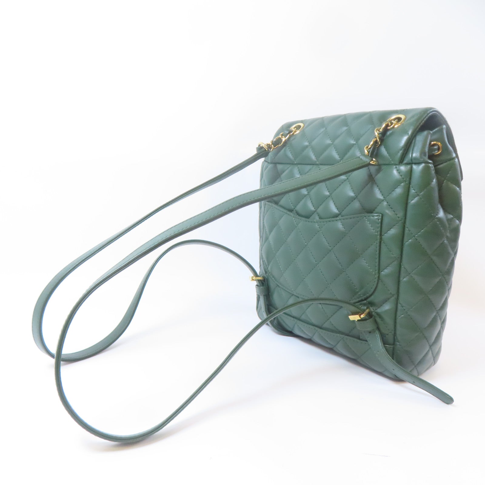CHANEL 菱格羊皮皮革Backpack金扣背包綠色