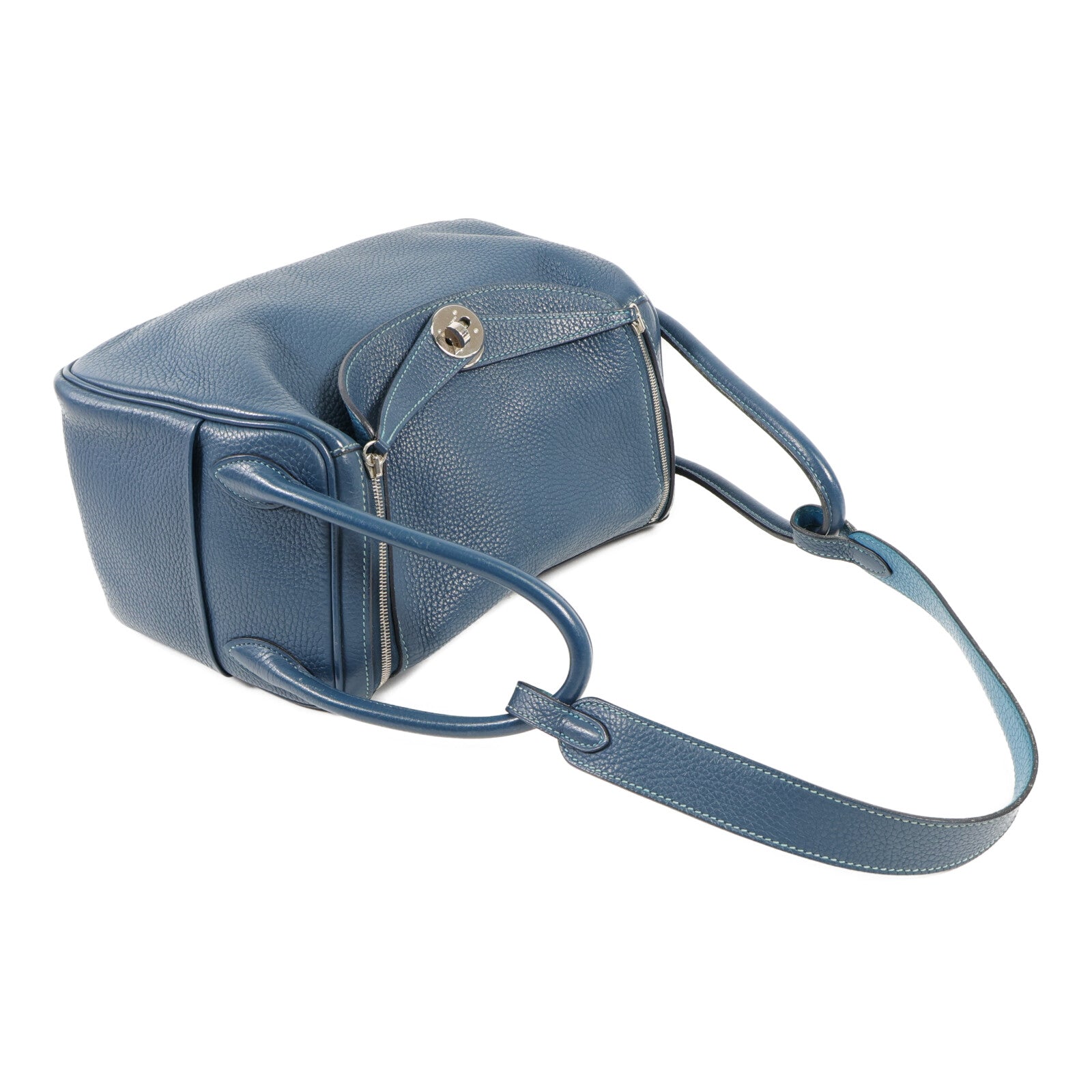 HERMES Clemence皮革Lindy 26銀扣手挽肩背兩用袋Bleu Colvert/Turquoise