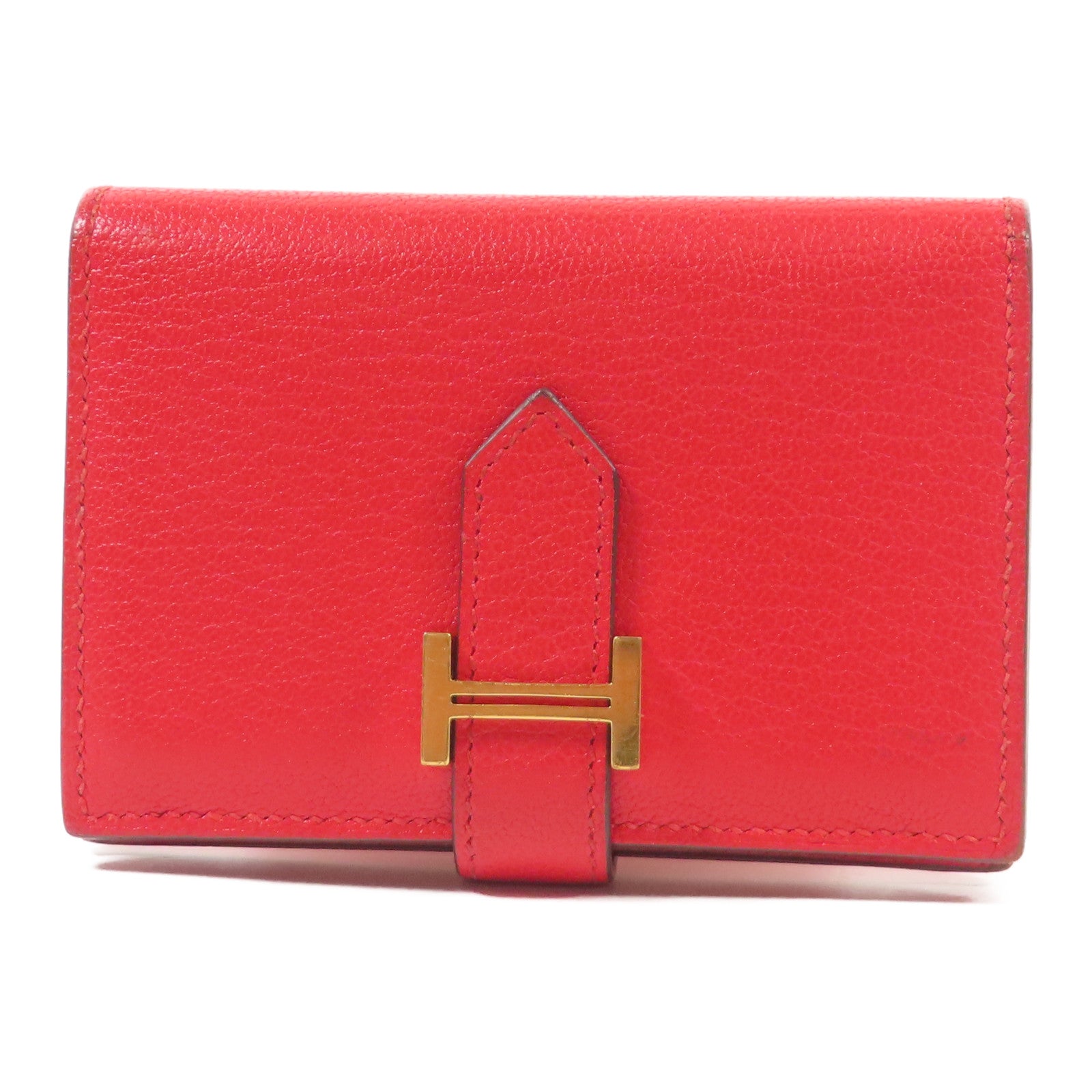 HERMES Chevre皮革Bearn Card Case金扣卡片套Rouge Tomate