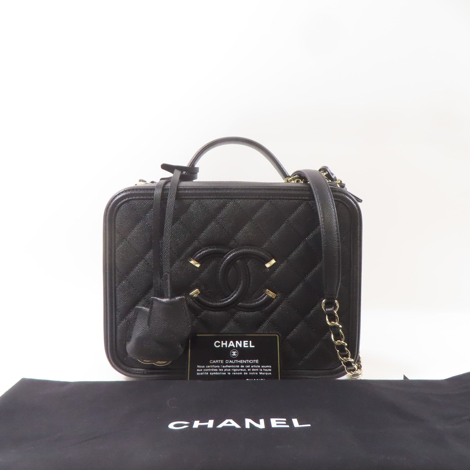 CHANEL 牛皮皮革Filigree Vanity Case金扣手挽肩背兩用袋黑色