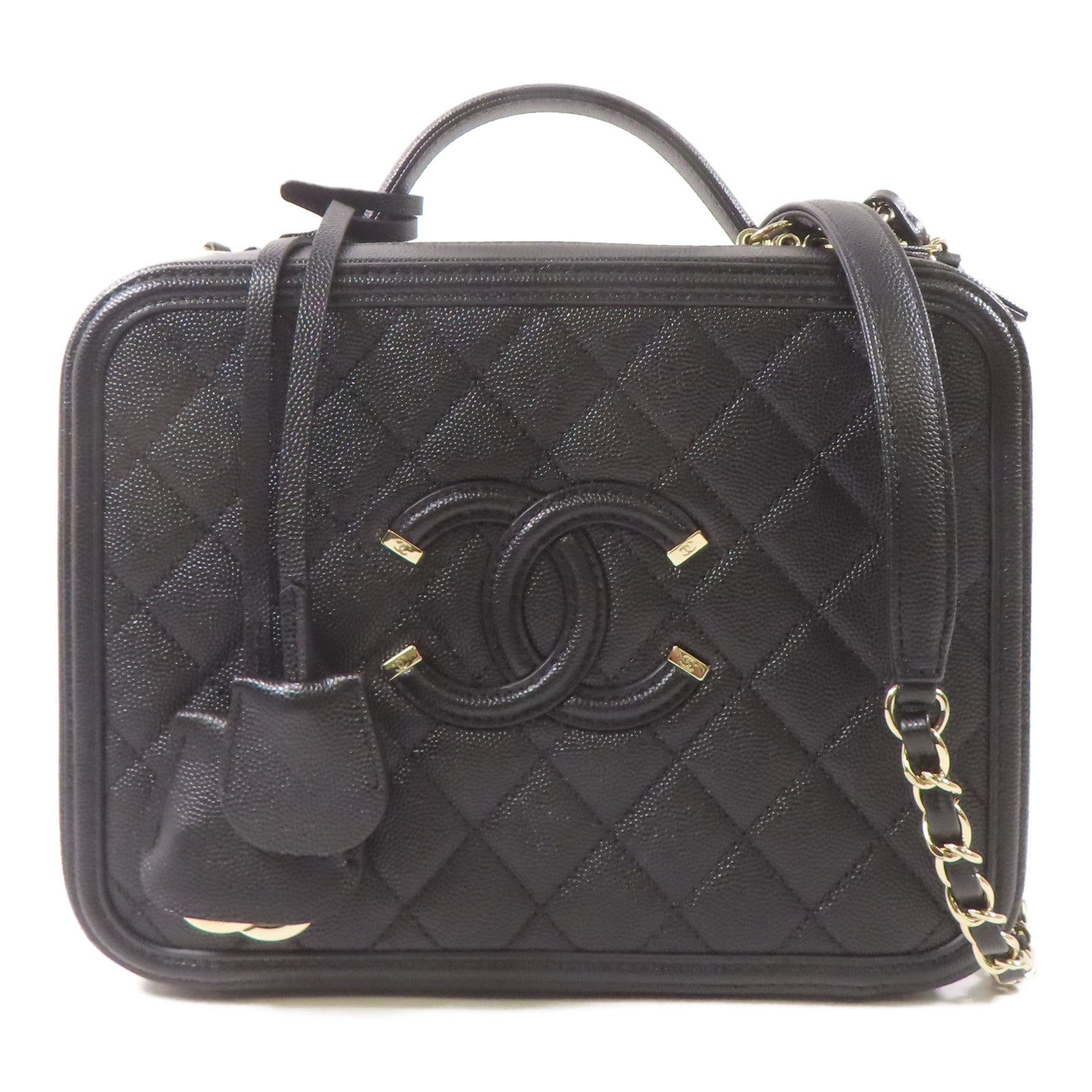 CHANEL 牛皮皮革Filigree Vanity Case金扣手挽肩背兩用袋黑色