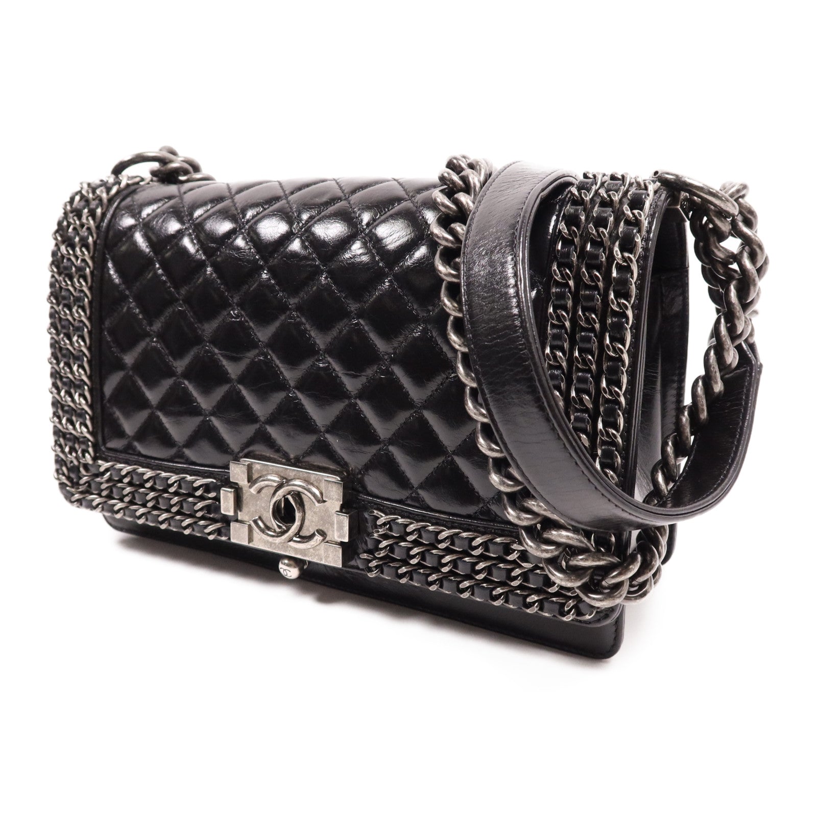 CHANEL 牛皮皮革Boy 25銀扣鏈帶肩背袋