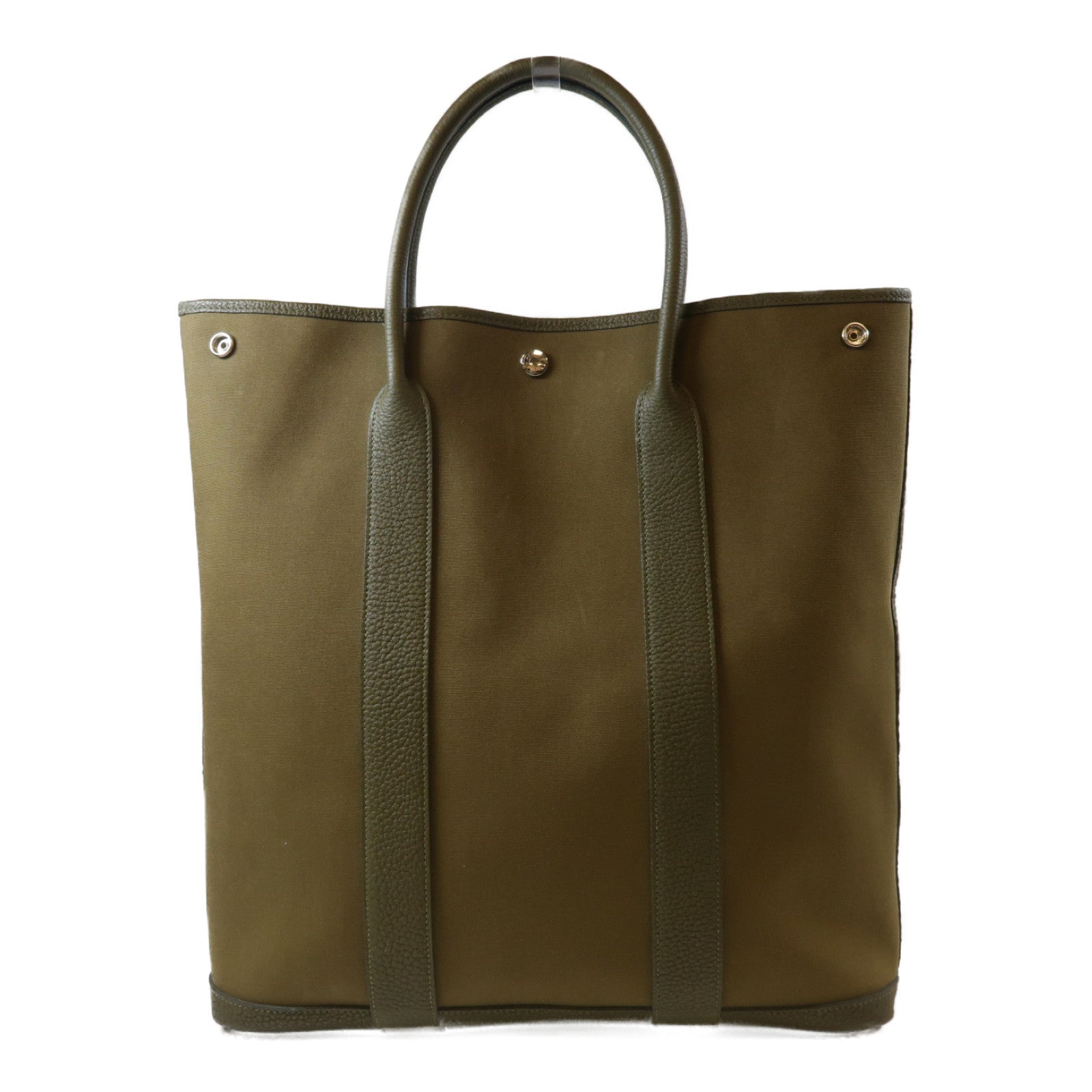 HERMES 帆布Garden File GM銀扣手挽袋橄欖綠