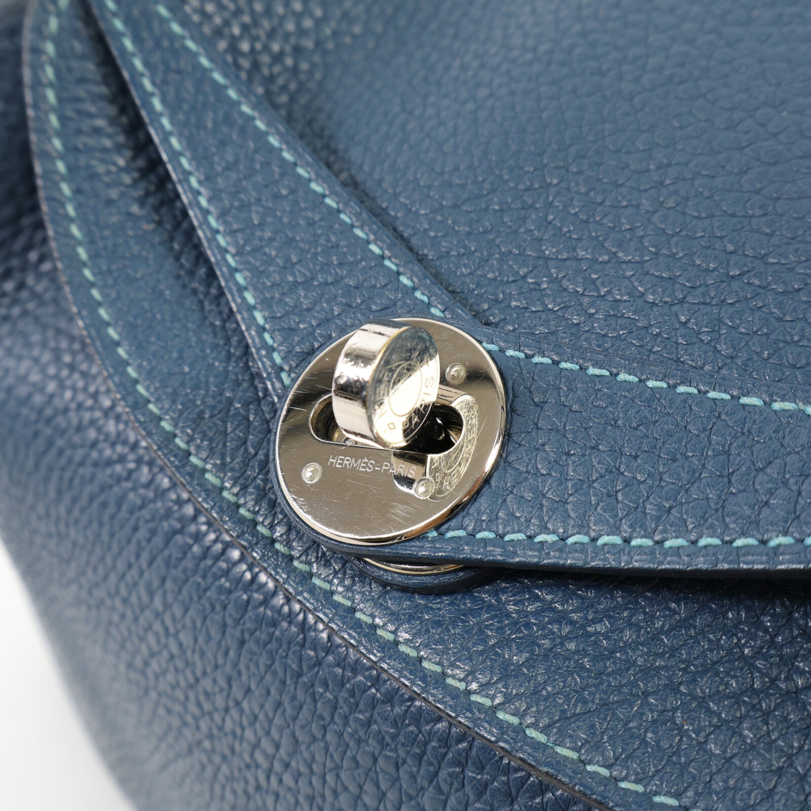 HERMES Clemence皮革Lindy 26銀扣手挽肩背兩用袋Bleu Colvert/Turquoise