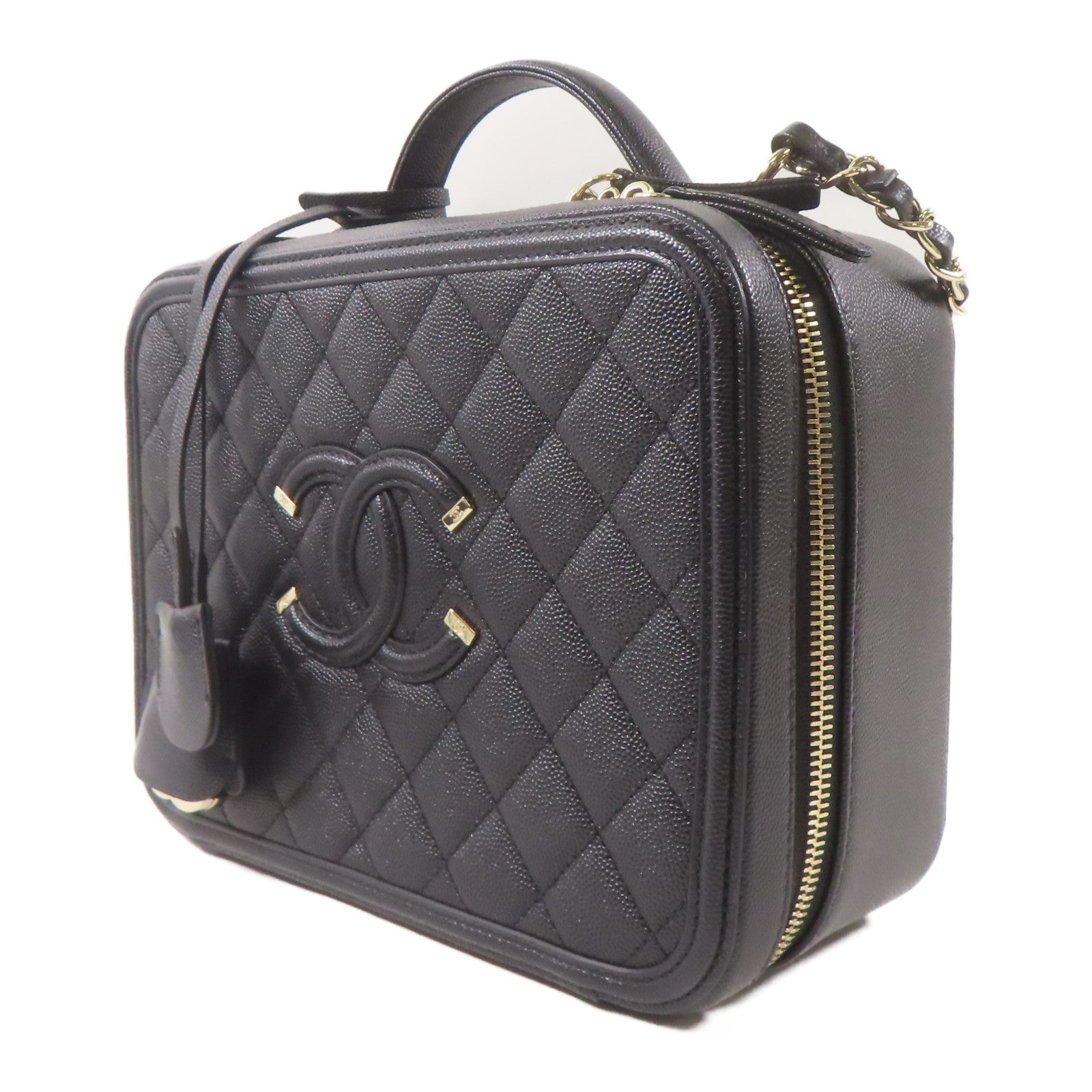 CHANEL 牛皮皮革Filigree Vanity Case金扣手挽肩背兩用袋黑色