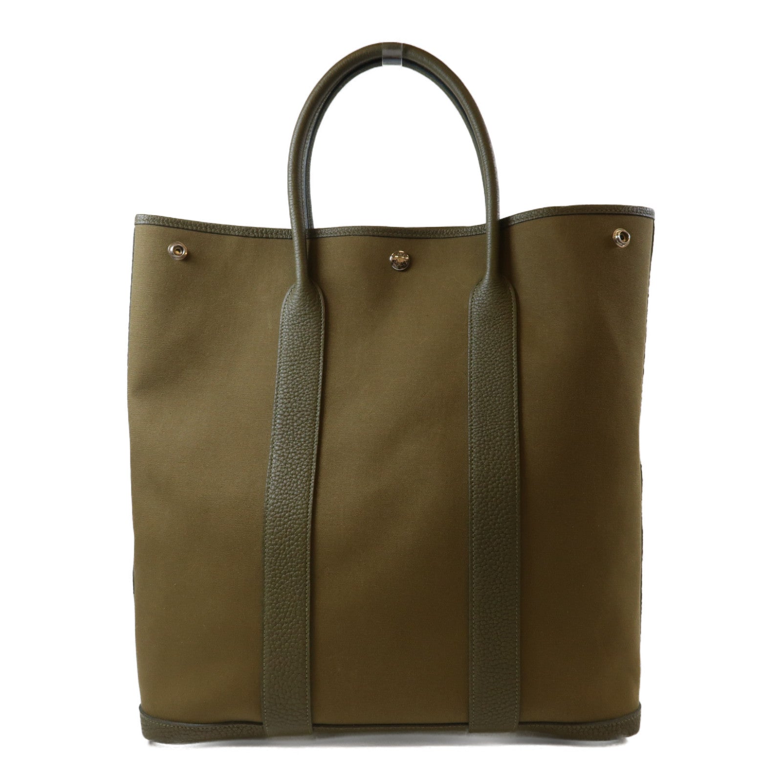 HERMES 帆布Garden File GM銀扣手挽袋橄欖綠