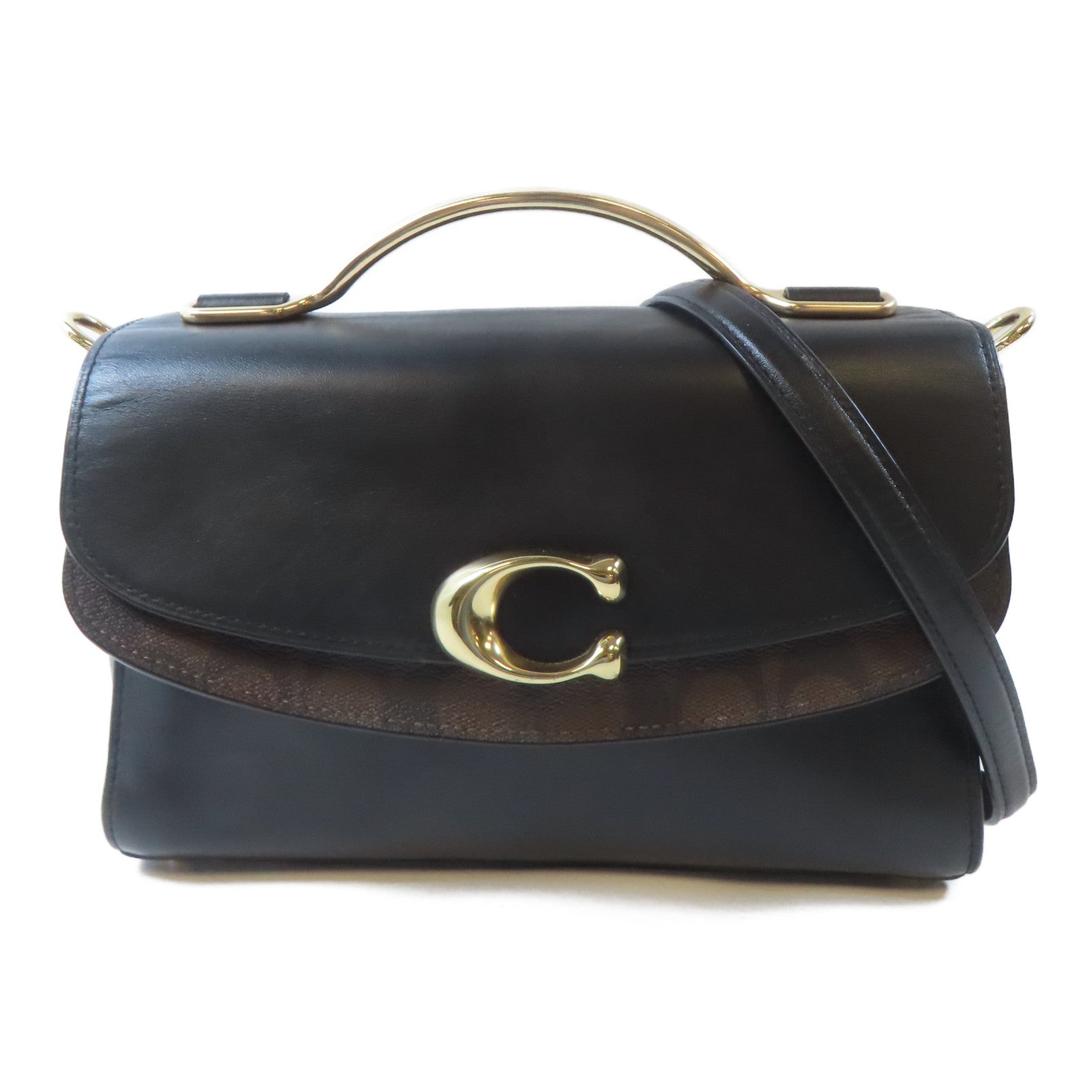 COACH 牛皮皮革/塗層帆布2 Way Shoulder金扣手挽肩背兩用袋黑色/啡色
