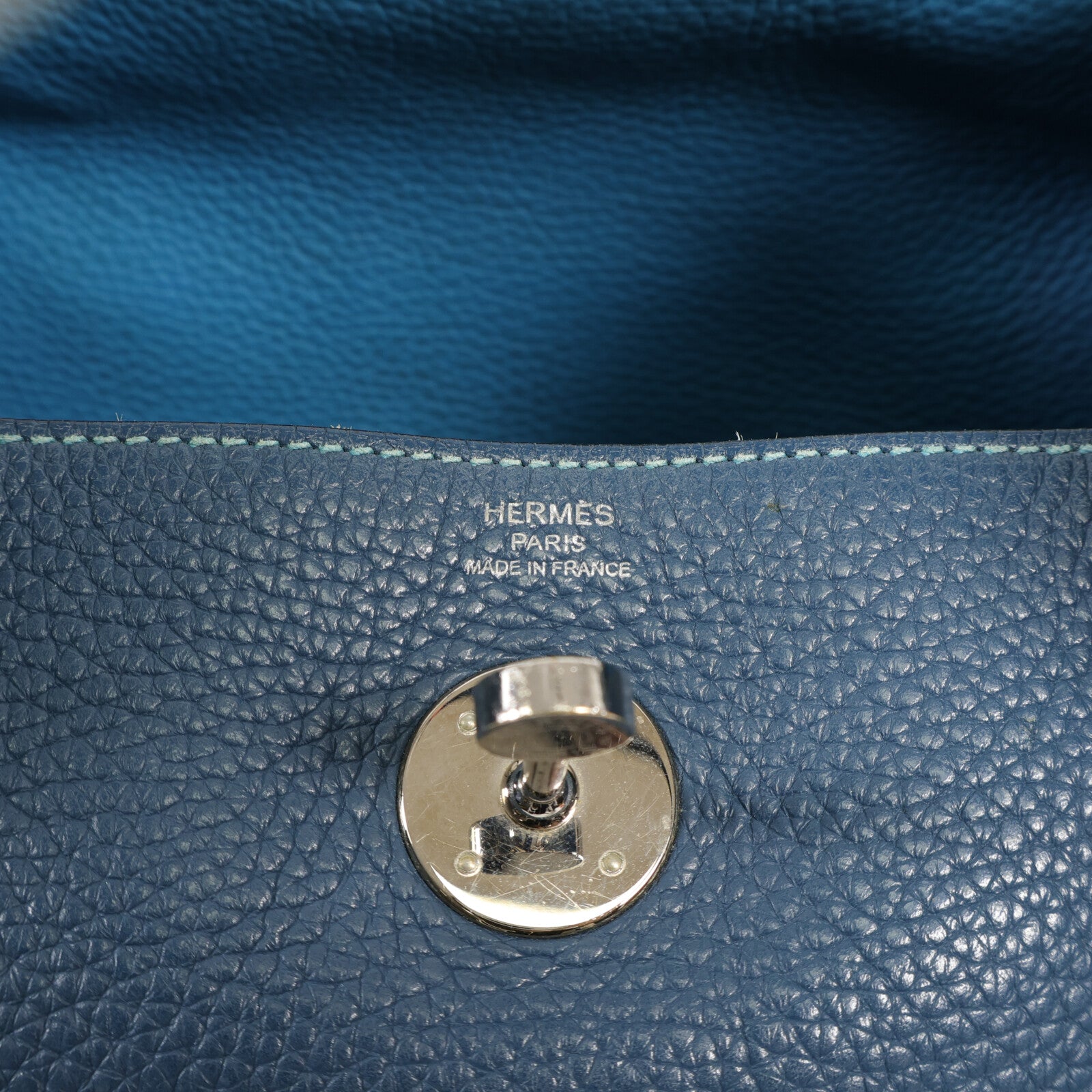 HERMES Clemence皮革Lindy 26銀扣手挽肩背兩用袋Bleu Colvert/Turquoise