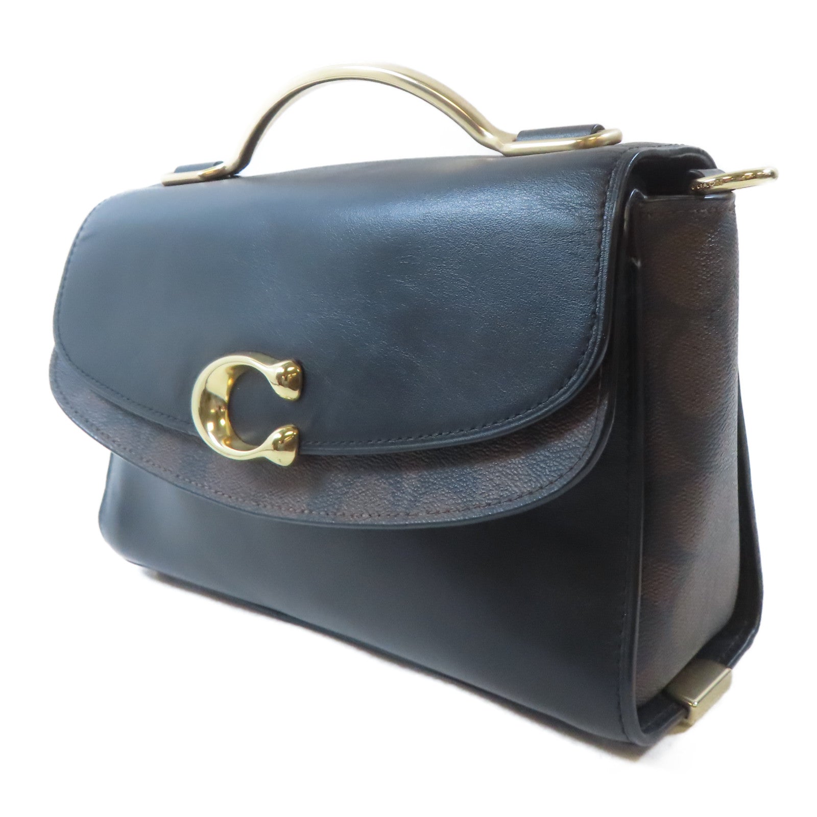 COACH 牛皮皮革/塗層帆布2 Way Shoulder金扣手挽肩背兩用袋黑色/啡色