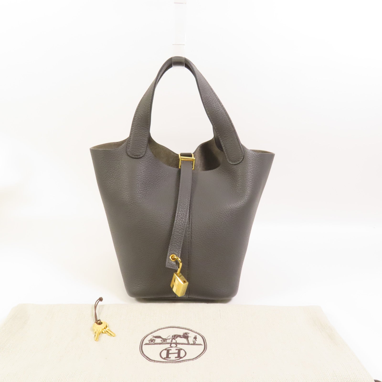 HERMES Clemence皮革Picotin PM金扣手挽袋Gris Meyer