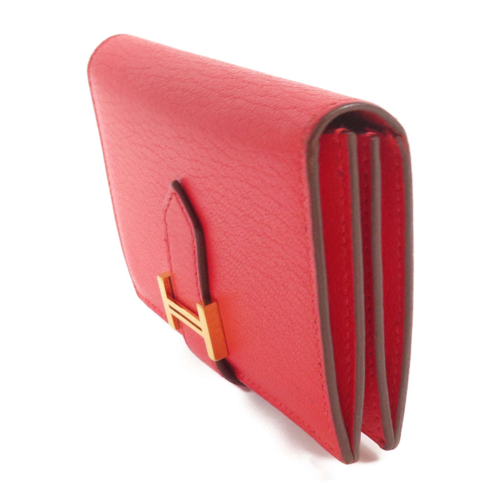 HERMES Chevre皮革Bearn Card Case金扣卡片套Rouge Tomate