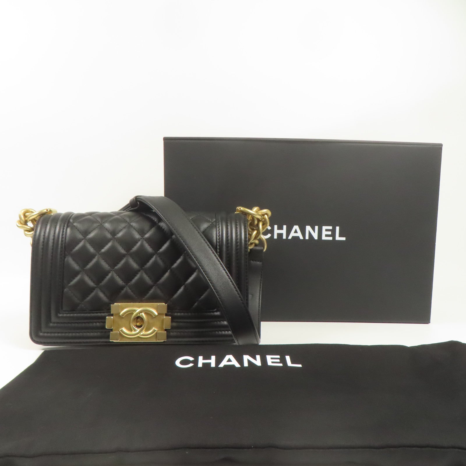 CHANEL 羊皮皮革Boy 20金扣鏈帶肩背袋