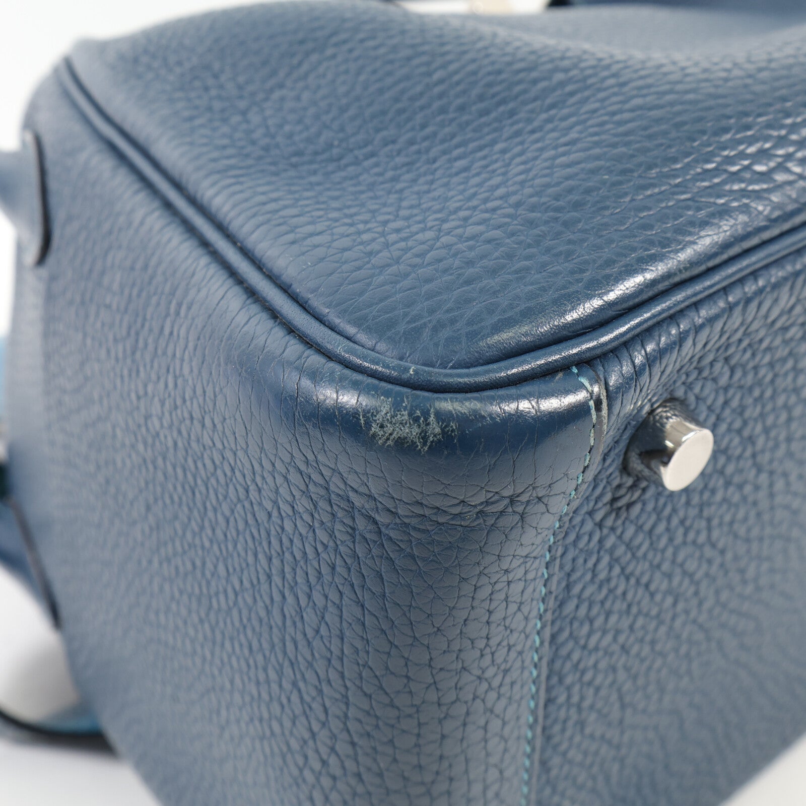HERMES Clemence皮革Lindy 26銀扣手挽肩背兩用袋Bleu Colvert/Turquoise