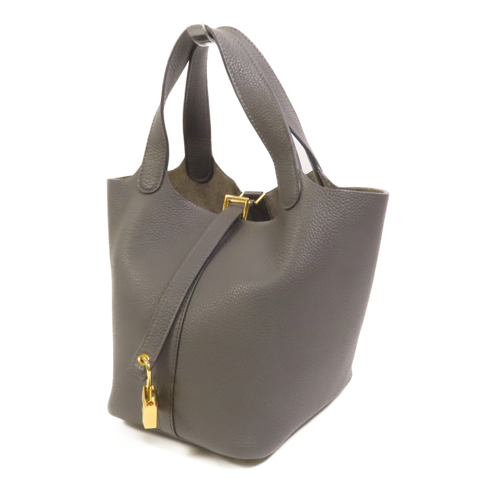 HERMES Clemence皮革Picotin PM金扣手挽袋Gris Meyer