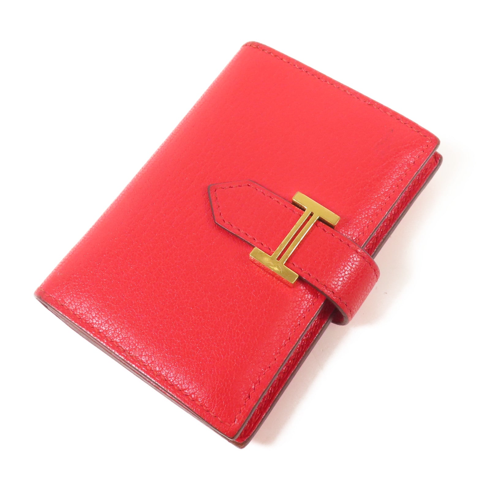 HERMES Chevre皮革Bearn Card Case金扣卡片套Rouge Tomate