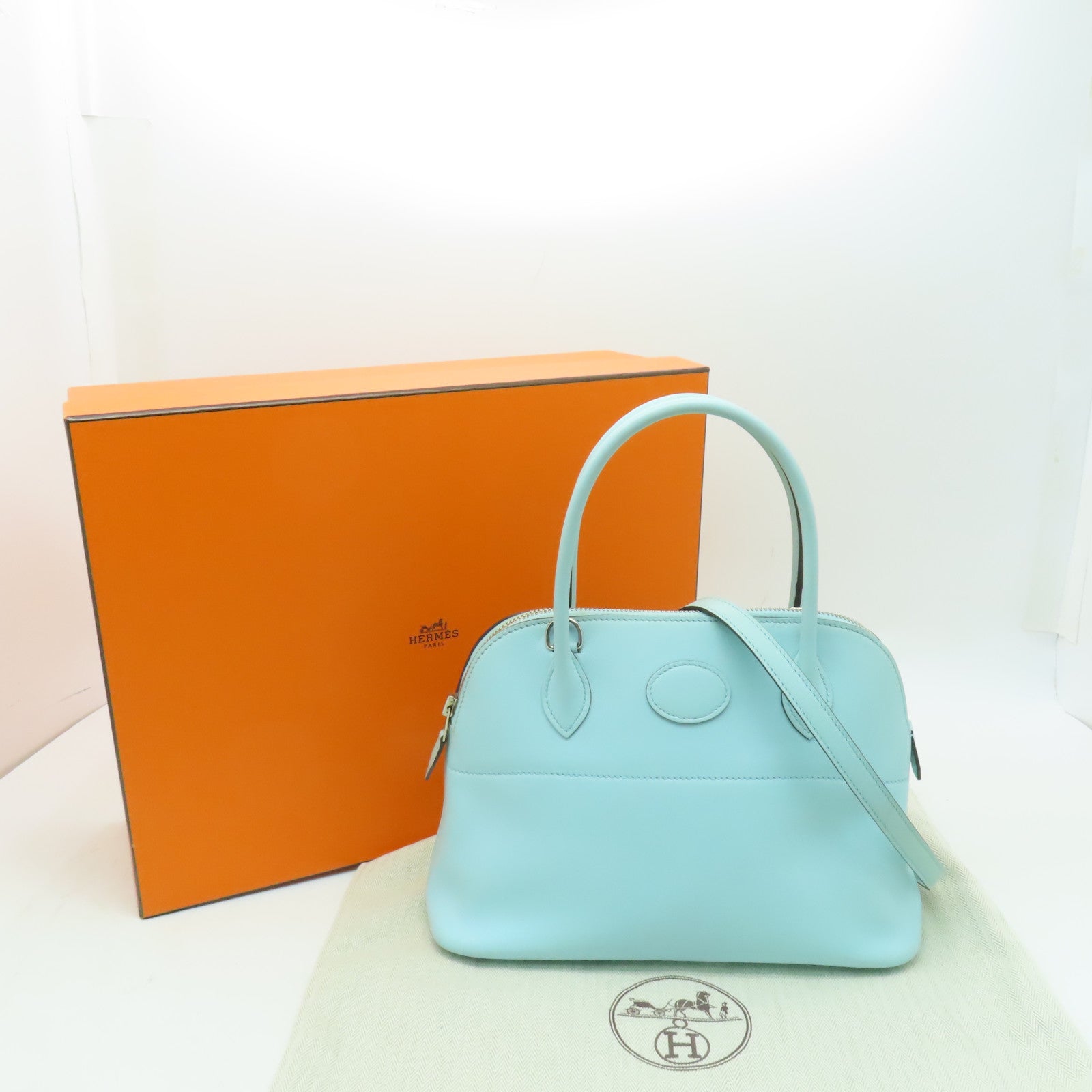 HERMES 【均一特價】Swift皮革Bolide 27銀扣手挽肩背兩用袋環礁藍色