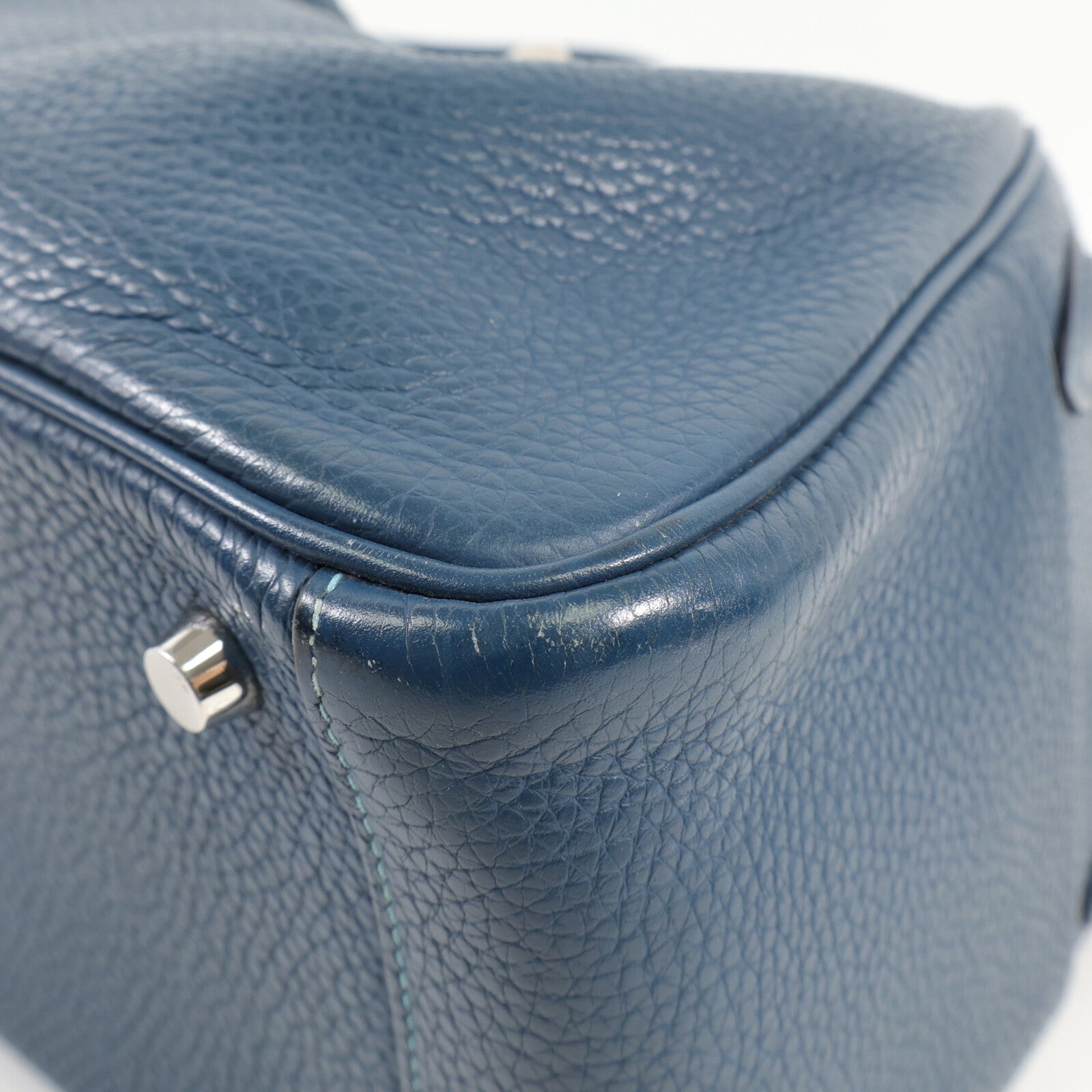 HERMES Clemence皮革Lindy 26銀扣手挽肩背兩用袋Bleu Colvert/Turquoise