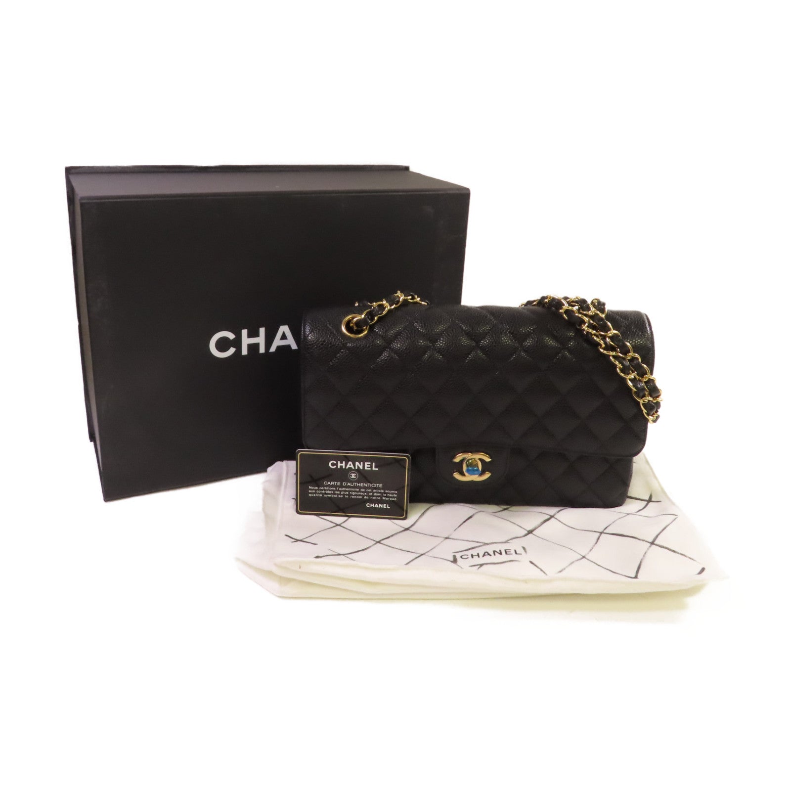 CHANEL 菱格Caviar皮革Classic Shoulder Bag金扣鏈帶肩背袋黑色