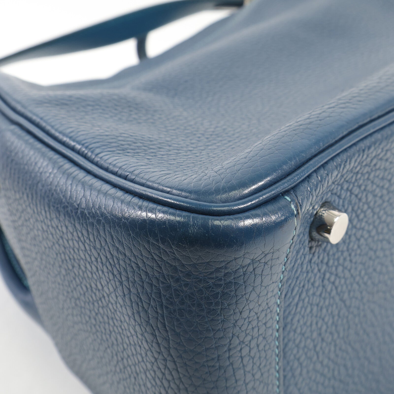 HERMES Clemence皮革Lindy 26銀扣手挽肩背兩用袋Bleu Colvert/Turquoise