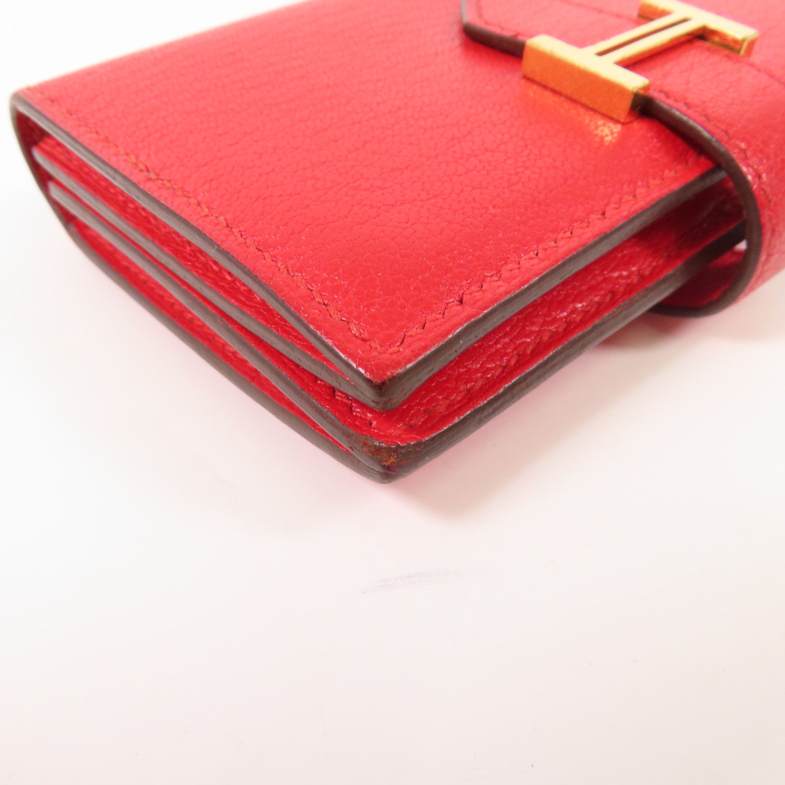 HERMES Chevre皮革Bearn Card Case金扣卡片套Rouge Tomate