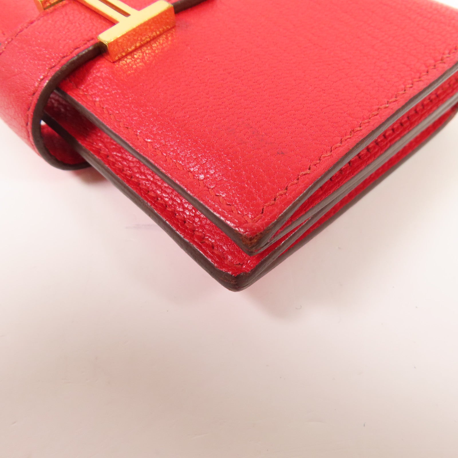 HERMES Chevre皮革Bearn Card Case金扣卡片套Rouge Tomate