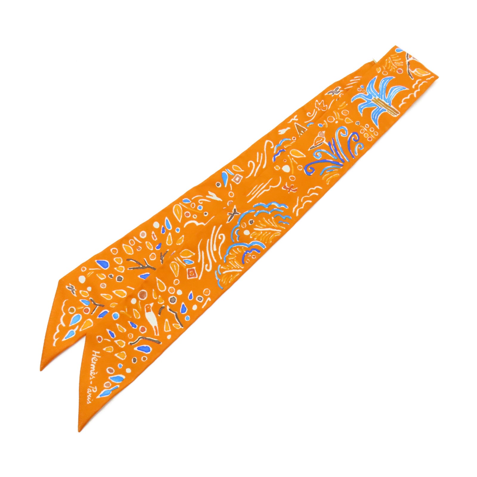 HERMES 【激減優惠】絲質Twilly絲巾橙色/藍色