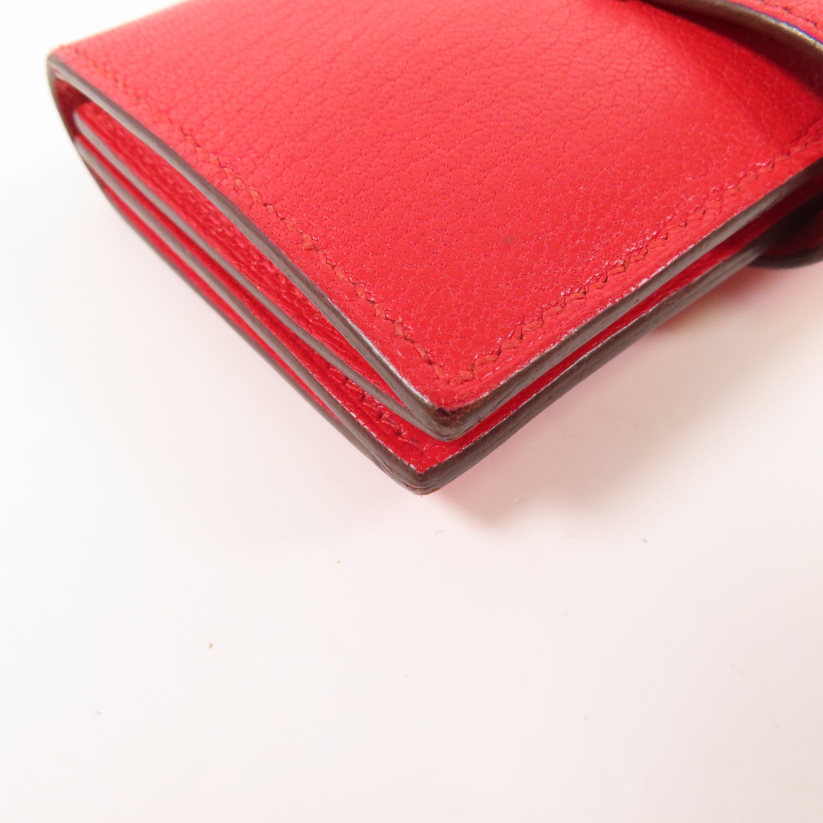 HERMES Chevre皮革Bearn Card Case金扣卡片套Rouge Tomate