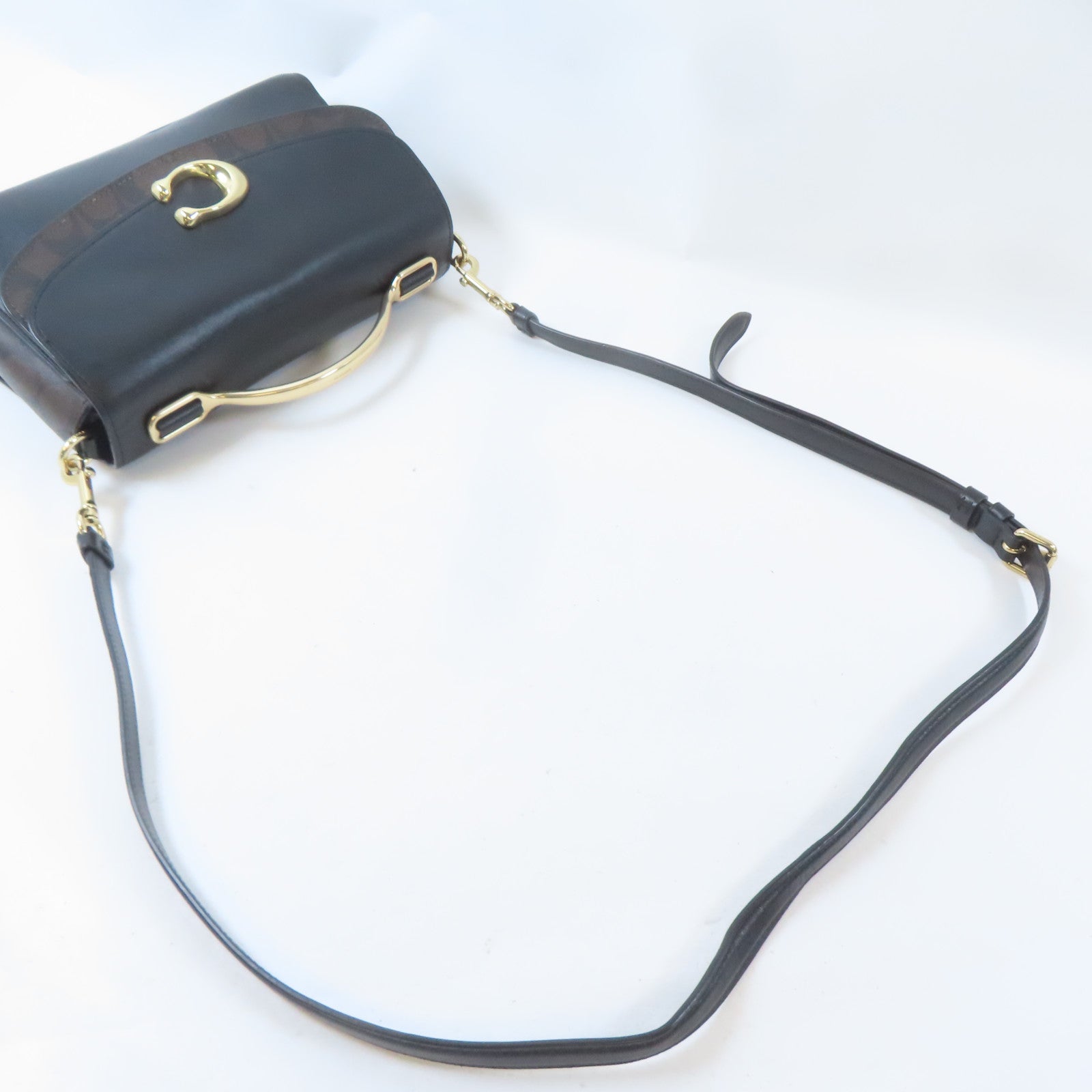 COACH 牛皮皮革/塗層帆布2 Way Shoulder金扣手挽肩背兩用袋黑色/啡色