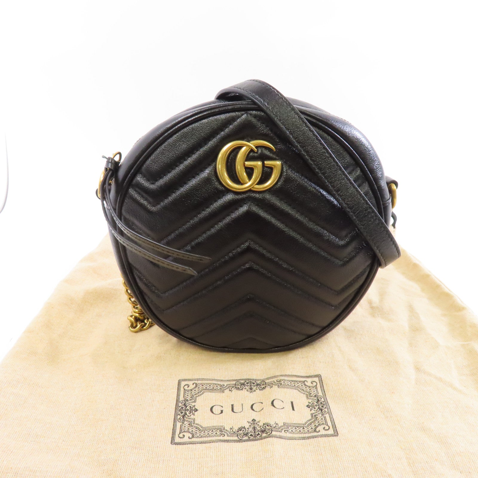 GUCCI 牛皮皮革GG Marmont Round Shoulder Bag金扣鏈帶肩背袋黑色