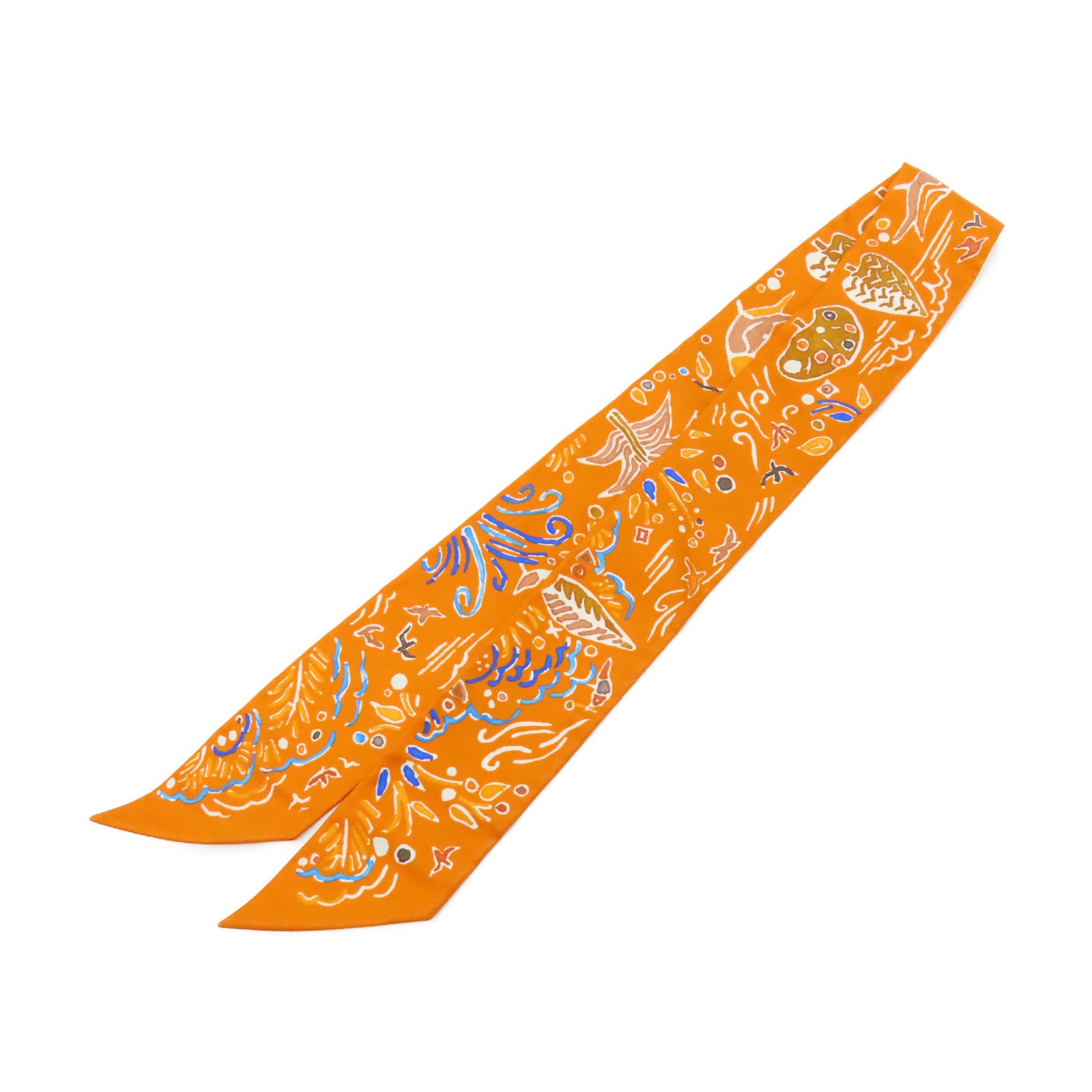 HERMES 【激減優惠】絲質Twilly絲巾橙色/藍色