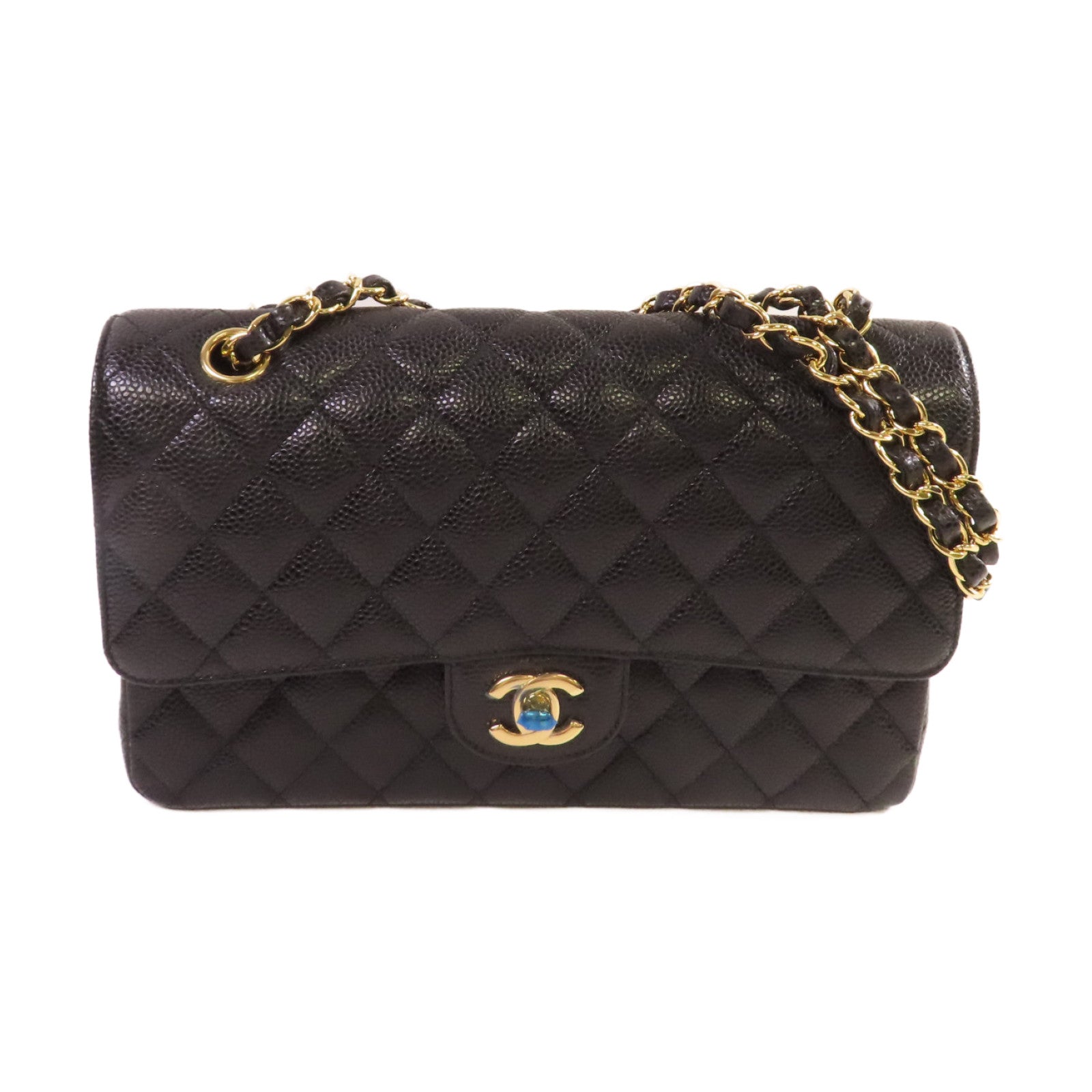 CHANEL 菱格Caviar皮革Classic Shoulder Bag金扣鏈帶肩背袋黑色