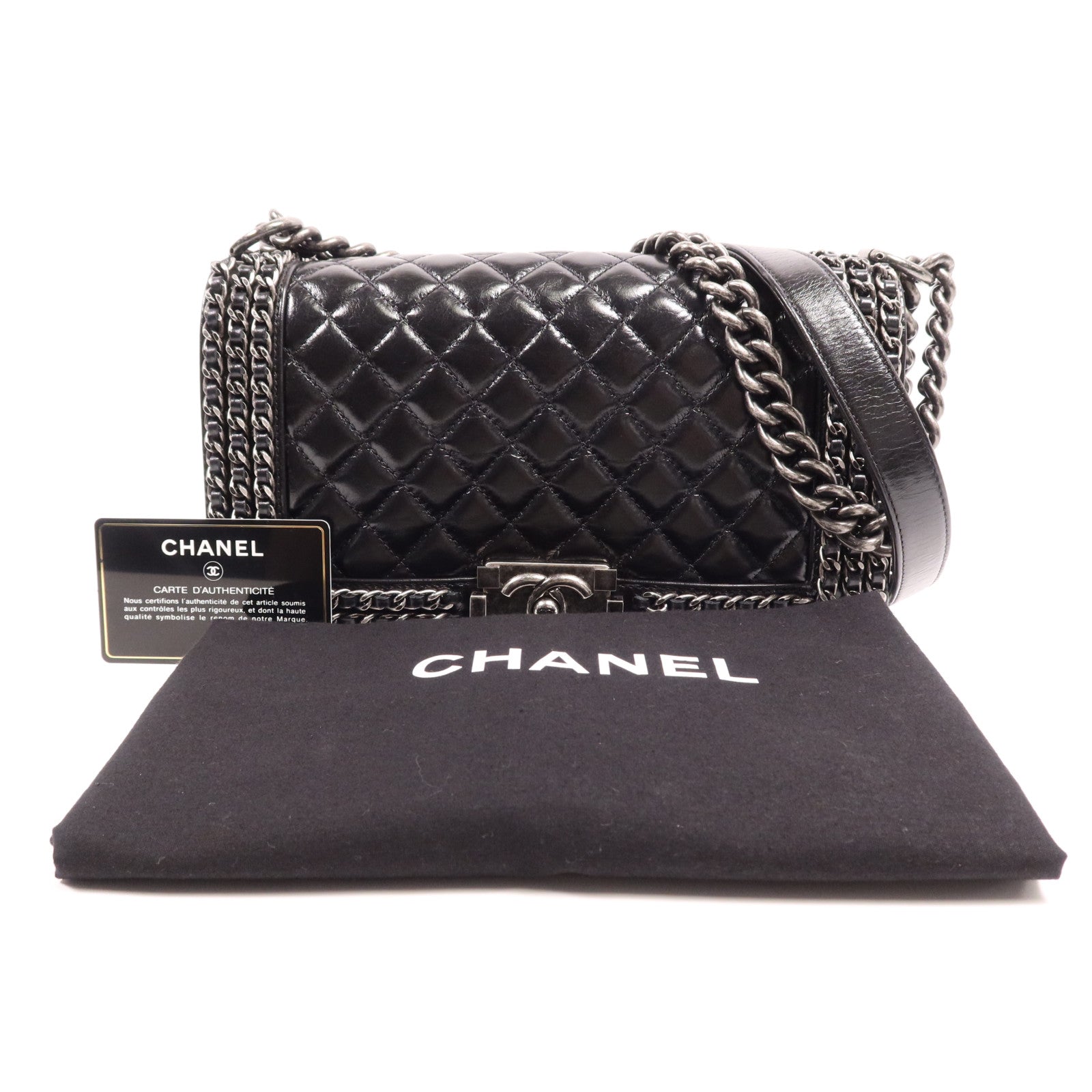 CHANEL 牛皮皮革Boy 25銀扣鏈帶肩背袋