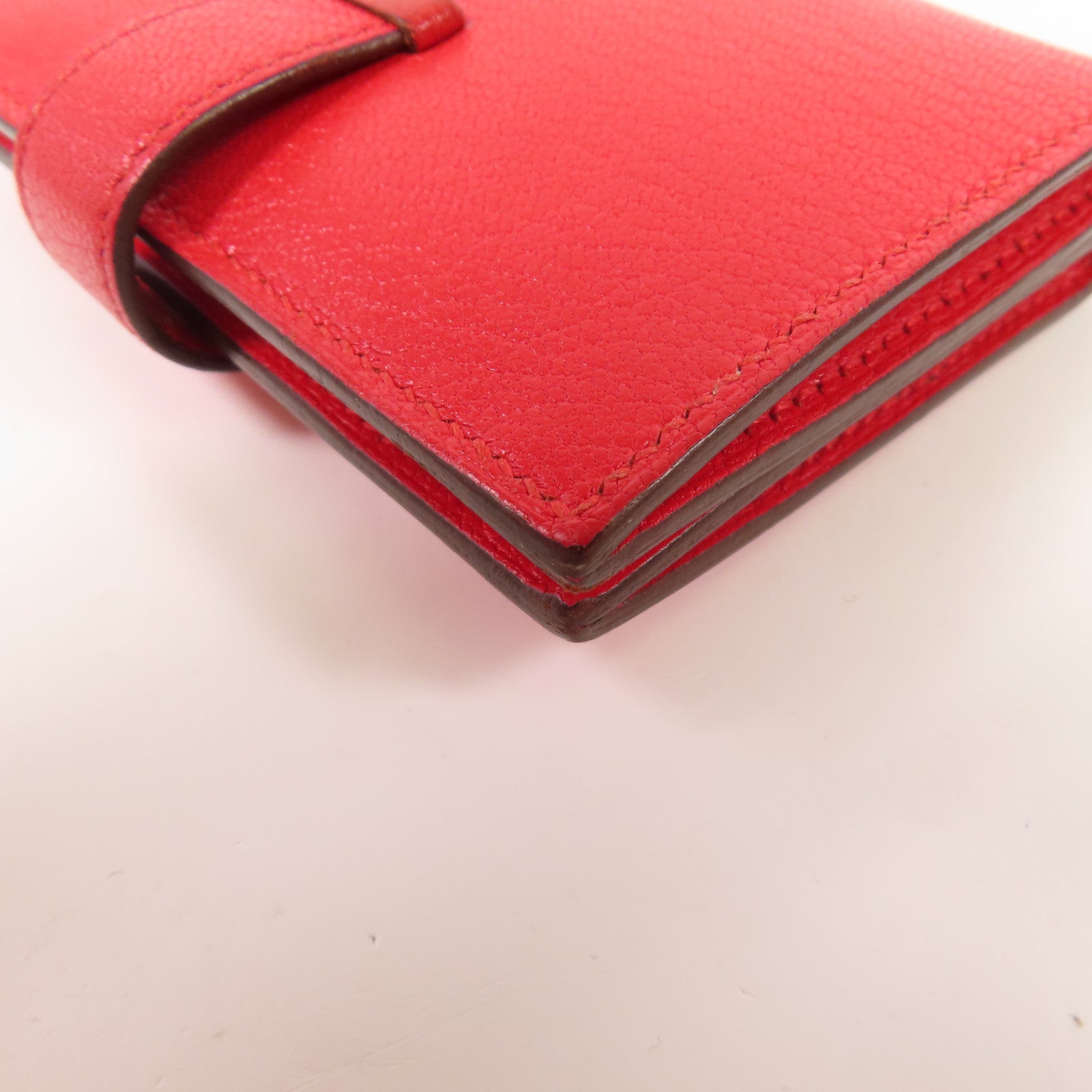 HERMES Chevre皮革Bearn Card Case金扣卡片套Rouge Tomate