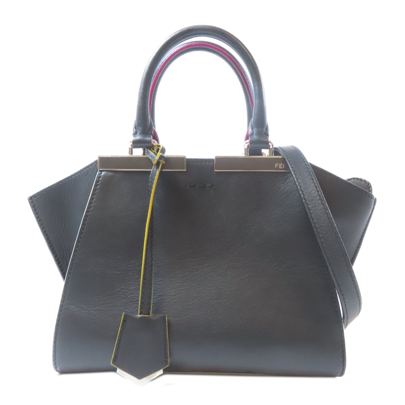 FENDI 【激減優惠】牛皮皮革Handbag銀扣手挽肩背兩用袋黑色
