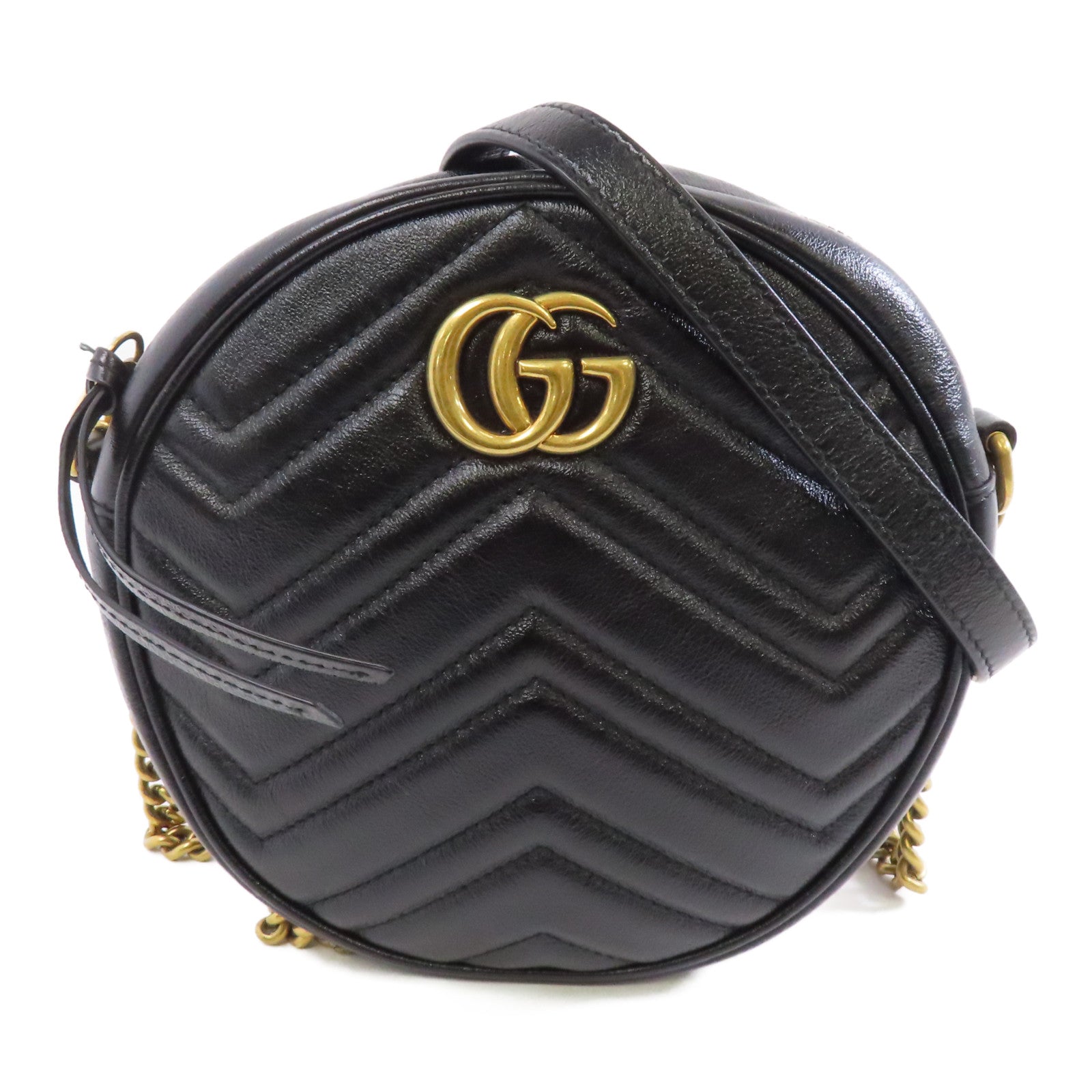 GUCCI 牛皮皮革GG Marmont Round Shoulder Bag金扣鏈帶肩背袋黑色