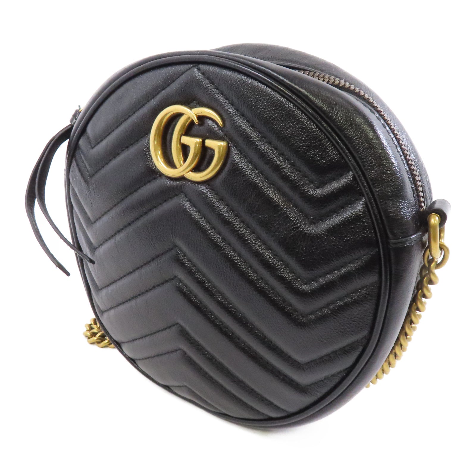 GUCCI 牛皮皮革GG Marmont Round Shoulder Bag金扣鏈帶肩背袋黑色