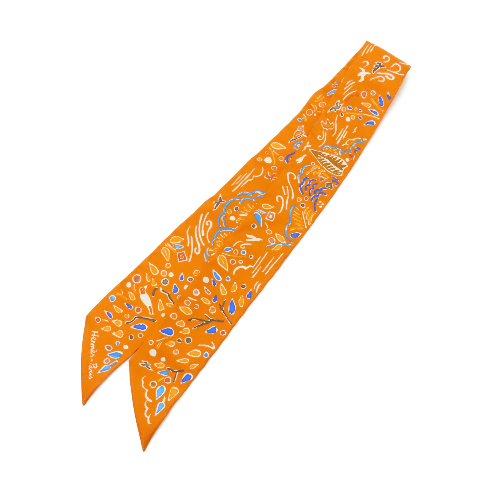 HERMES 【激減優惠】絲質Twilly絲巾橙色/藍色