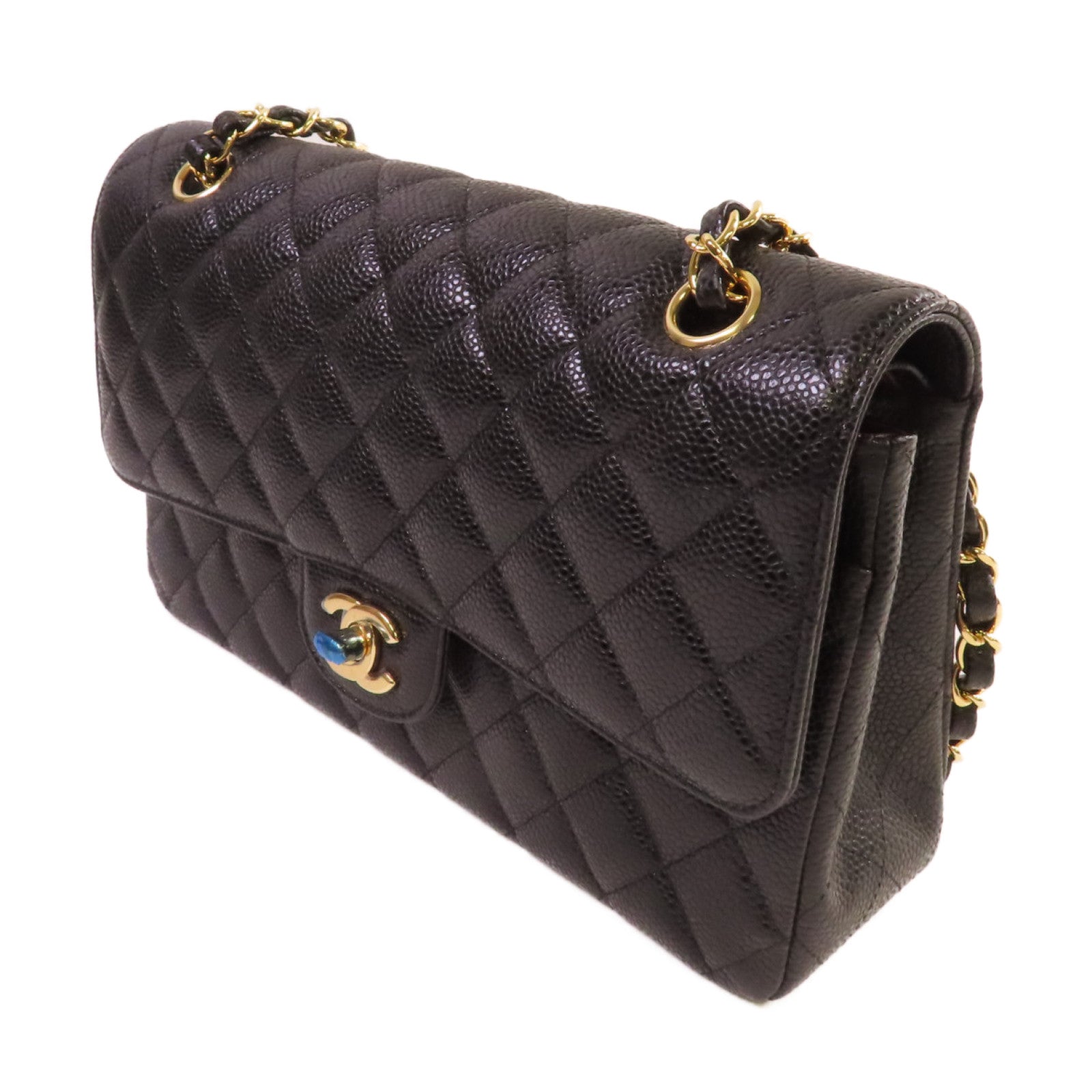 CHANEL 菱格Caviar皮革Classic Shoulder Bag金扣鏈帶肩背袋黑色