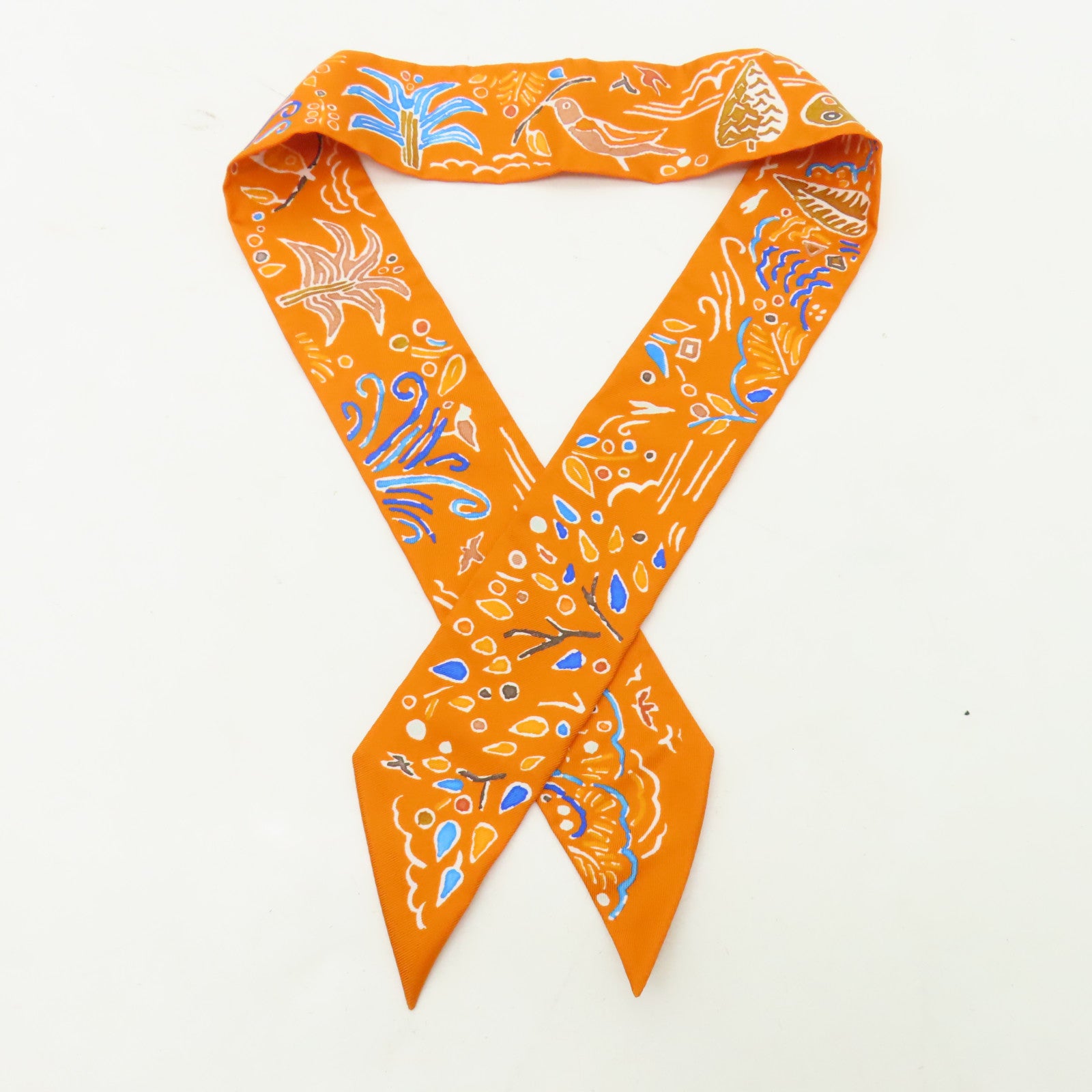 HERMES 【激減優惠】絲質Twilly絲巾橙色/藍色