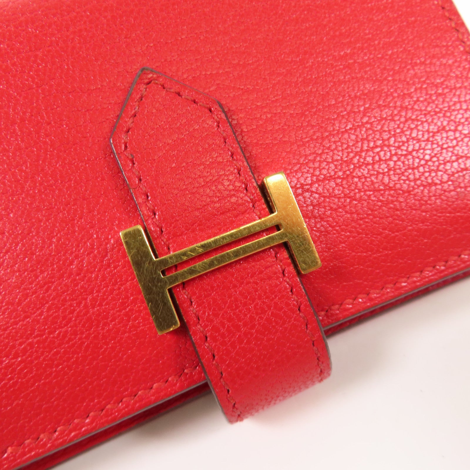 HERMES Chevre皮革Bearn Card Case金扣卡片套Rouge Tomate