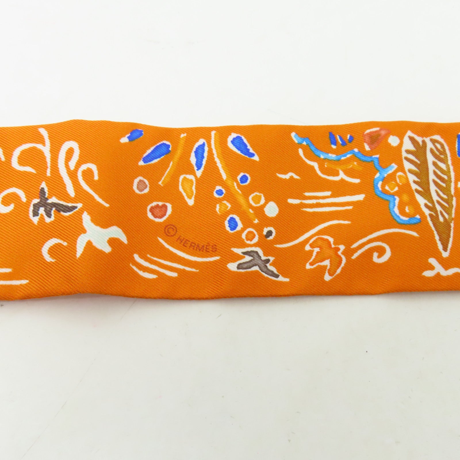 HERMES 【激減優惠】絲質Twilly絲巾橙色/藍色