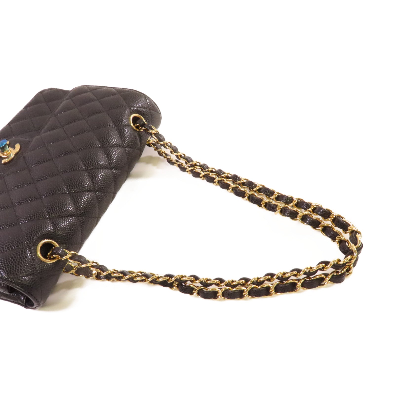 CHANEL 菱格Caviar皮革Classic Shoulder Bag金扣鏈帶肩背袋黑色
