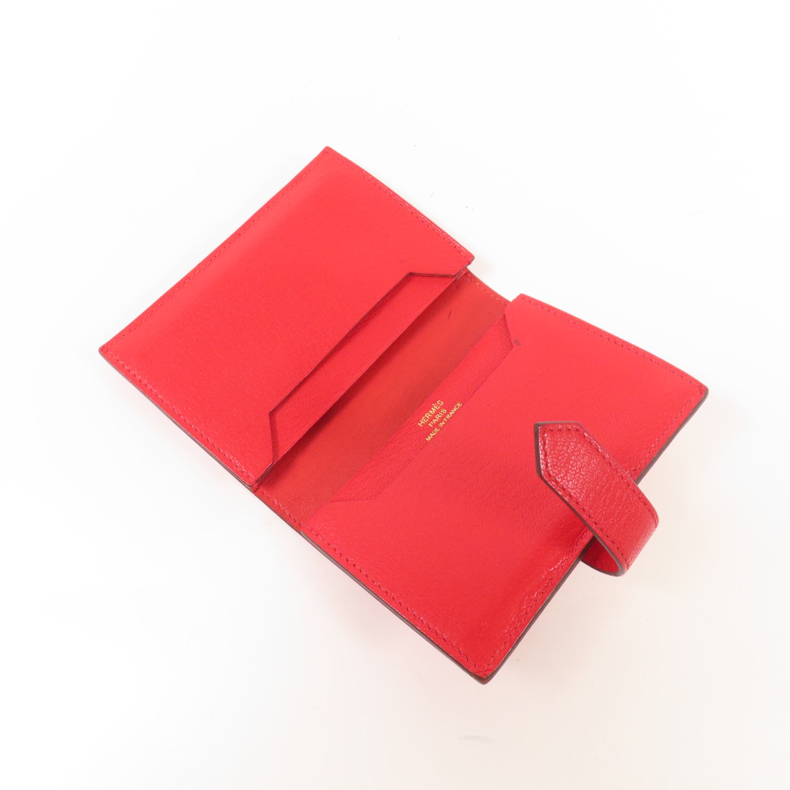HERMES Chevre皮革Bearn Card Case金扣卡片套Rouge Tomate