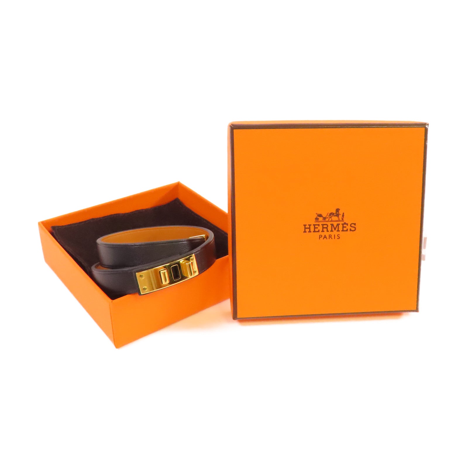 HERMES 【激減優惠】牛皮皮革/金屬Mini Dog Double Tour Bracelet金扣手鐲黑色/金色#T2